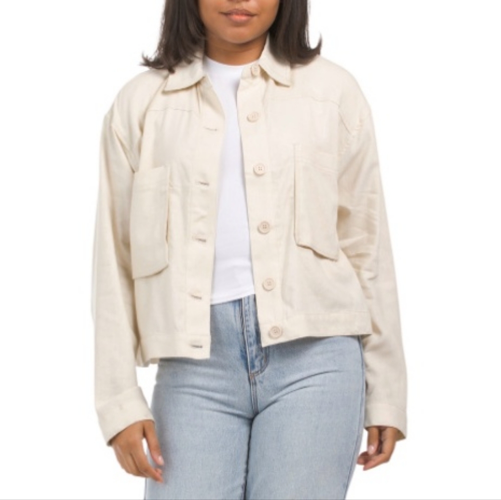 Max Studio London Pocket Cargo Linen Blend Boxy Jacket,  Light Beige, XL